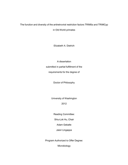 The Function and Diversity of the Antiretroviral Restriction Factors Trim5α and Trimcyp