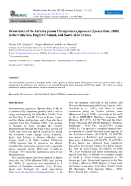 Occurrence of the Kuruma Prawn Marsupenaeus Japonicus (Spence Bate, 1888) in the Celtic Sea, English Channel, and North-West France