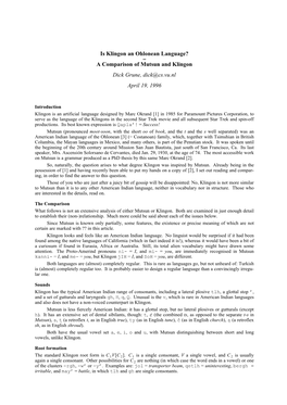 Is Klingon an Ohlonean Language? − a Comparison of Mutsun and Klingon Dick Grune, Dick@Cs.Vu.Nl April 19, 1996