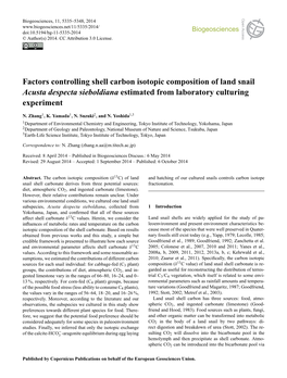 Factors Controlling Shell Carbon Isotopic Composition of Land Snail Acusta Despecta Sieboldiana Estimated from Laboratory Culturing Experiment