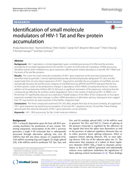 Identification of Small Molecule Modulators of HIV-1 Tat and Rev