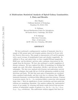 Arxiv:Astro-Ph/0106361V2 21 Jun 2001 Utvraesaitclaayi Fsia Aaylumin Galaxy Spiral of Analysis Statistical Multivariate a Hncniee Niiuly N Hsi O U Oadsac Is Diﬀe Bias