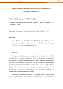 Analysis and Enhancement of Astaxanthin Accumulation in Haematococcus Pluvialis