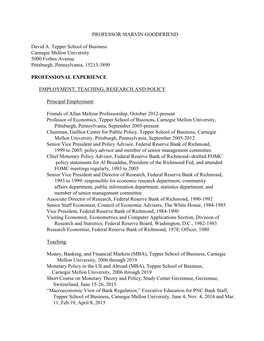 PROFESSOR MARVIN GOODFRIEND David A. Tepper School of Business Carnegie Mellon University 5000 Forbes Avenue Pittsburgh