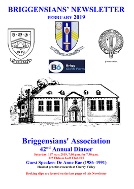 Briggensians' Association 42Nd Annual Dinner Th Saturday, 16 March 2019, 7.00 P.M