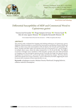 Differential Susceptibility of MDF and Commercial Wood to Coptotermes Gestroi