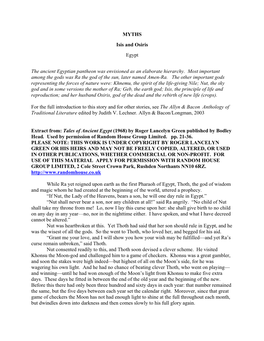 MYTHS Isis and Osiris Egypt the Ancient Egyptian Pantheon Was Envisioned As an Elaborate Hierarchy. Most Important Among the Go