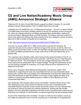 O2 and Live Nation/Academy Music Group (AMG) Announce Strategic Alliance