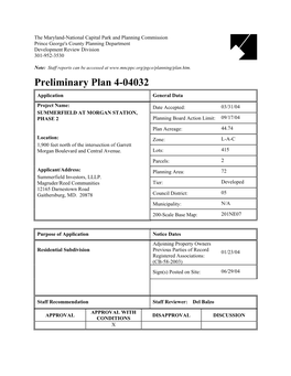 Preliminary Plan 4-04032 Application General Data