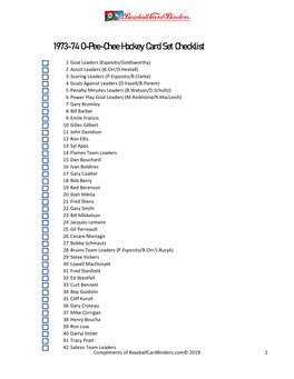 1973-74 O-Pee-Chee Hockey Card Set Checklist