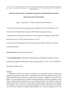 Real-Time Characteristics of Tidal Bore Propagation in the Qiantang River Estuary, China, Recorded by Marine Radar Ying Li 1, Do