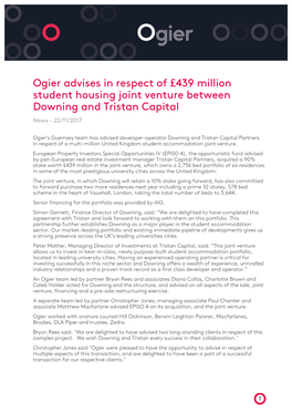 Ogier Advises in Respect of £439 Million Student Housing Joint Venture Between Downing and Tristan Capital News - 22/11/2017
