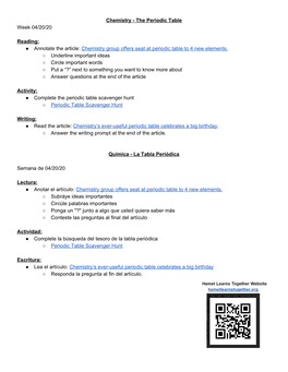 Chemistry - the Periodic Table Week 04/20/20