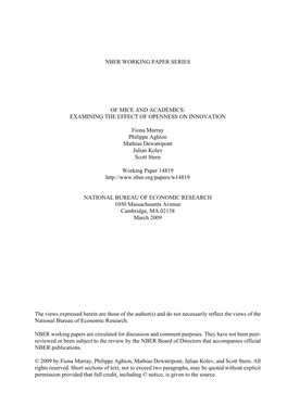 Nber Working Paper Series of Mice and Academics