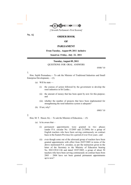 ORDER BOOK of PARLIAMENT from Tuesday, August 09, 2011 Inclusive Issued on Friday, July 22, 2011