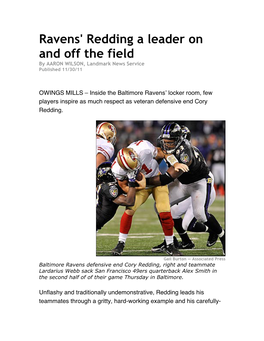 Ravens' Redding a Leader on and Off the Field by AARON WILSON, Landmark News Service Published 11/30/11
