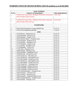 INTRODUCTION of TRAINS DURING 2019-20 (Position As on 01.06.2020)