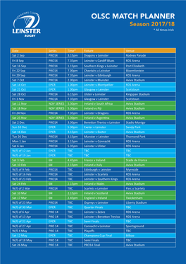 OLSC MATCH PLANNER Season 2017/18 * All Times Irish