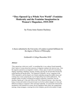 Feminine Modernity and the Feminine Imagination in Women’S Magazines, 1919-1939