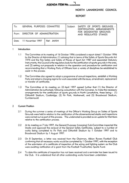 SAFETY of SPORTS GROUNDS - CERTIFICATION ARRANGEMENTS 1 From: DIRECTOR of ADMINISTRATION I Date: 11 November 1997 I Ref: JMIKH I