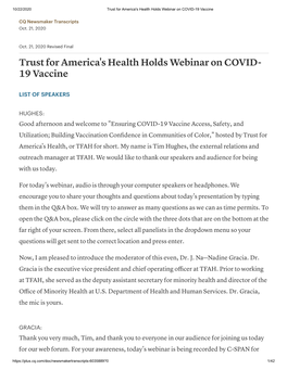 Trust for America's Health Holds Webinar on COVID- 19 Vaccine