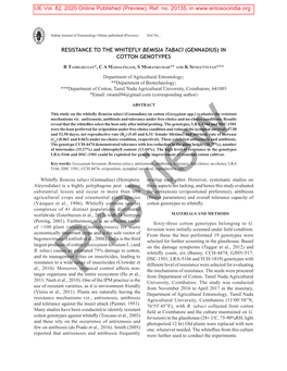 Resistance to the Whitefly Bemisia Tabaci (Gennadius) in Cotton Genotypes