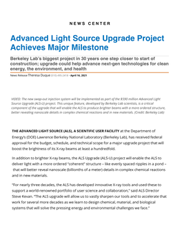 Advanced Light Source Upgrade Project Achieves Major Milestone