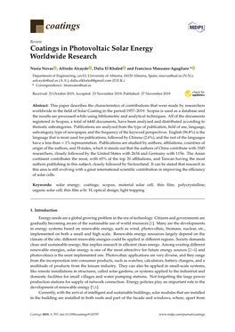 Coatings in Photovoltaic Solar Energy Worldwide Research