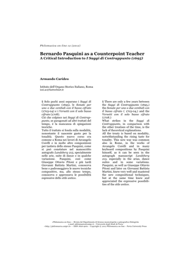 Bernardo Pasquini As a Counterpoint Teacher a Critical Introduction to I Saggi Di Contrappunto (1695)