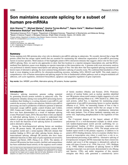 Son Maintains Accurate Splicing for a Subset of Human Pre-Mrnas