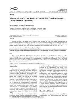 Alburnus Selcuklui, a New Species of Cyprinid Fish from East Anatolia, Turkey (Teleostei: Cyprinidae)