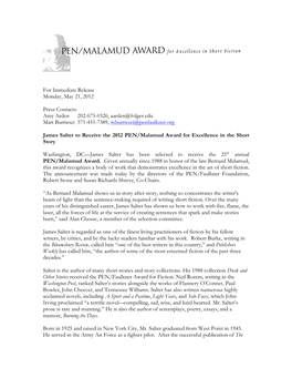 James Salter to Receive the 2012 PEN/Malamud Award for Excellence in the Short Story (Press