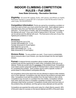 INDOOR CLIMBING COMPETITION RULES – Fall 2006 Iowa State University - Recreation Services