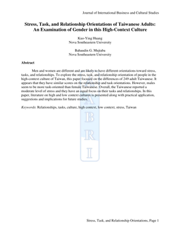 Stress, Task, and Relationship Orientations of Taiwanese Adults: an Examination of Gender in This High-Context Culture