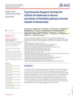 Psychosocial Support During the COVID-19 Outbreak in Korea from January 20 to March 31, 2020