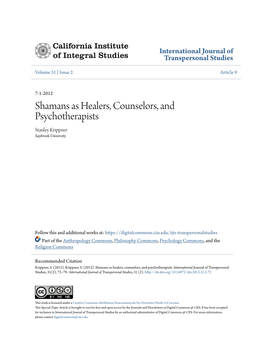 Shamans As Healers, Counselors, and Psychotherapists Stanley Krippner Saybrook University