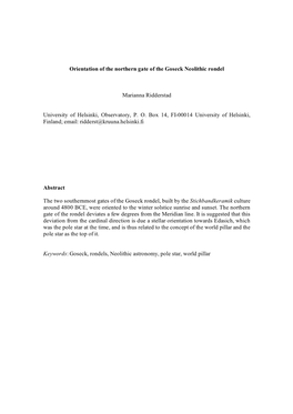 Orientation of the Northern Gate of the Goseck Neolithic Rondel Marianna