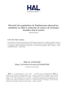 Diversité Des Populations De Xanthomonas Phaseoli Pv