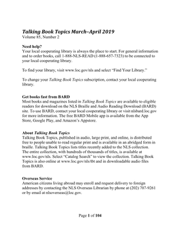 Talking Book Topics March-April 2019
