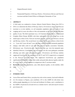 Nematicidal Properties of Moringa Oleifera, Chromolaena Odorata and Panicum 4 Maximum and Their Control Effects on Pathogenic Nematodes of Yam 5