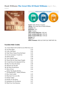 Hank Williams the Great Hits of Hank Williams Mp3, Flac, Wma