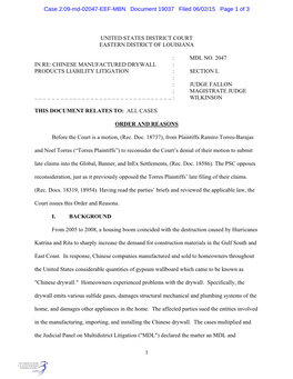 Mdl No. 2047 in Re: Chinese Manufactured Drywall : Products Liability Litigation : Section L : : Judge Fallon : Magistrate Judge