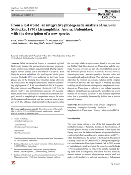 An Integrative Phylogenetic Analysis of Ansonia Stoliczka, 1870 (Lissamphibia: Anura: Bufonidae), with the Description of a New Species