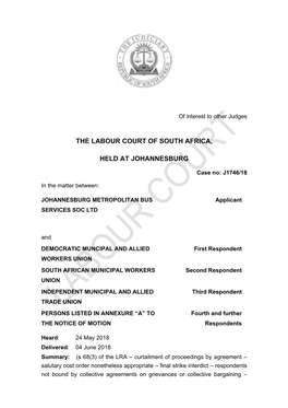 The Labour Court of South Africa, Held at Johannesburg
