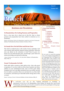 Reachreach Newsletter of the Vedanta Centres of Australia in THIS ISSUE SAYINGS and TEACHINGS 1