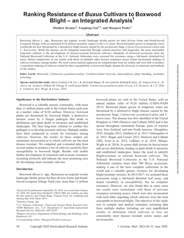 Ranking Resistance of Buxus Cultivars to Boxwood Blight ^ an Integrated Analysis1 Matthew Kramer2, Yonghong Guo3,4, and Margaret Pooler3 Abstract Boxwood (Buxus L