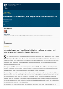 Saeb Erekat: the Friend, the Negotiator and the Politician by David Makovsky