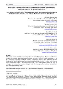 Notas Sobre a Formação Territorial E Dinâmica Populacional Dos Municípios Integrantes Da APA Do Rio Machado - MG1