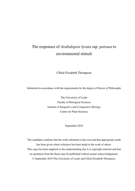 The Responses of Arabidopsis Lyrata Ssp. Petraea to Environmental Stimuli