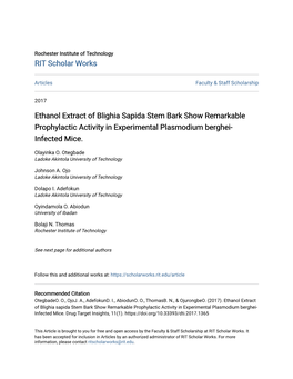 Ethanol Extract of Blighia Sapida Stem Bark Show Remarkable Prophylactic Activity in Experimental Plasmodium Berghei- Infected Mice